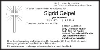 Traueranzeige von Sigrid Geipel von Frankenpost