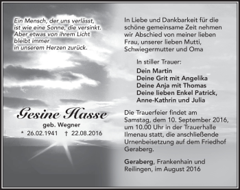 Traueranzeige von Gesine Hasse von Südthüringer Presse