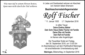 Traueranzeige von Rolf Fischer von Südthüringer Presse