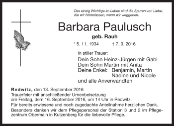 Traueranzeige von Barbara Paulusch von Neue Presse Coburg