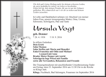 Traueranzeige von Ursula Vogt von Südthüringer Presse