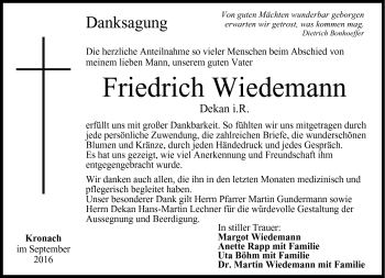 Traueranzeige von Friedrich Wiedemann von Neue Presse Coburg