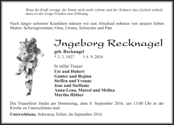 Traueranzeige von Ingeborg Recknagel von Südthüringer Presse