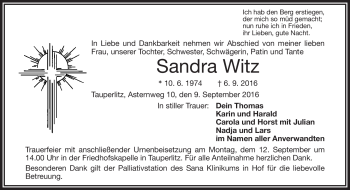 Traueranzeige von Sandra Witz von Frankenpost