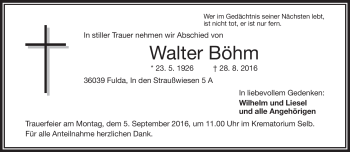 Traueranzeige von Walter Böhm von Frankenpost