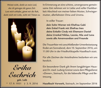 Traueranzeige von Erika Eschrich von Südthüringer Presse
