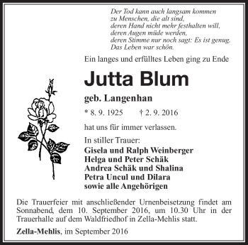 Traueranzeige von Jutta Blum von Südthüringer Presse
