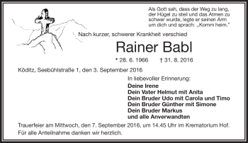 Traueranzeige von Rainer Babl von Frankenpost