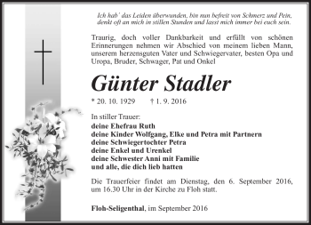 Traueranzeige von Günter Stadler von Südthüringer Presse