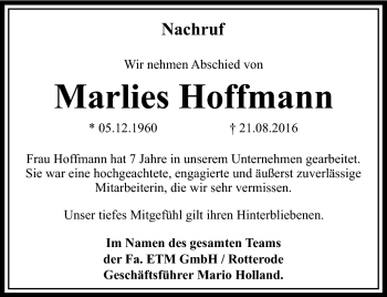 Traueranzeige von Marlies Hoffmann von Südthüringer Presse