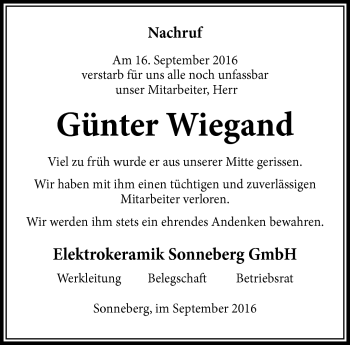 Traueranzeige von Günter Wiegand von Südthüringer Presse