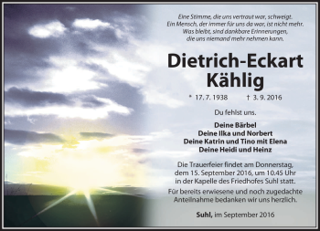 Traueranzeige von Dietrich-Eckart Kählig von Südthüringer Presse