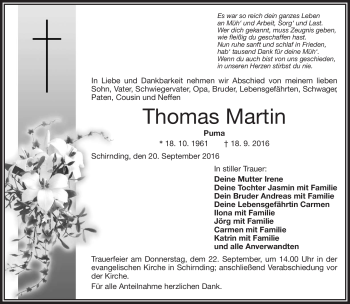 Traueranzeige von Thomas Martin von Frankenpost