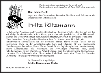 Traueranzeige von Fritz Ritzmann von Südthüringer Presse