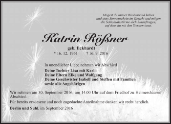 Traueranzeige von katrin Rößner von Südthüringer Presse