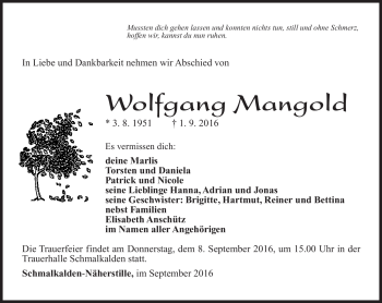 Traueranzeige von Wolfgang Mangold von Südthüringer Presse