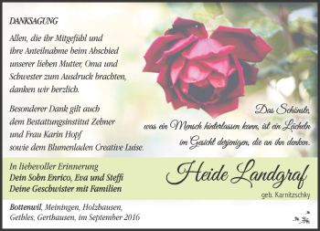 Traueranzeige von Heide Landgraf von Südthüringer Presse