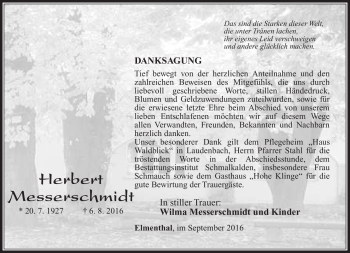 Traueranzeige von Herbert Messerschmidt von Südthüringer Presse