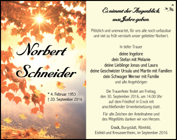 Traueranzeige von Norbert Schneider von Südthüringer Presse