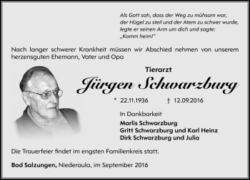 Traueranzeige von Jürgen Schwarzburg von Südthüringer Presse