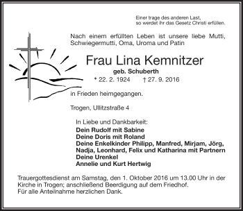 Traueranzeige von Lina Kemnitzer von Frankenpost