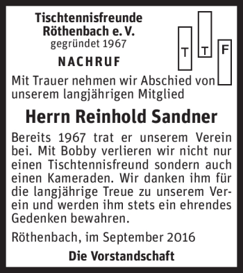 Traueranzeige von Reinhold Sandner von Frankenpost