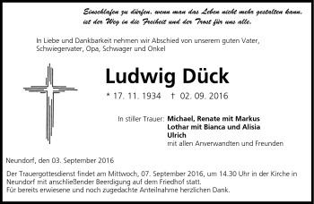 Traueranzeige von Ludwig Dück von Neue Presse Coburg