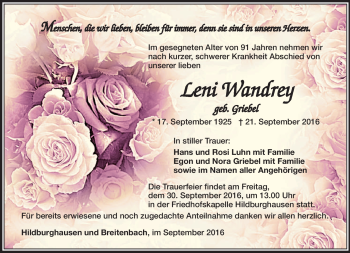 Traueranzeige von Leni Wandrey von Südthüringer Presse