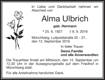Traueranzeige von Alma Ulbrich von Frankenpost