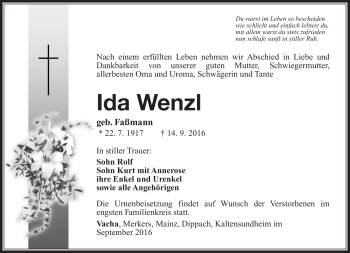 Traueranzeige von Ida Wenzel von Südthüringer Presse