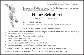 Traueranzeige von Heinz Schubert von Südthüringer Presse