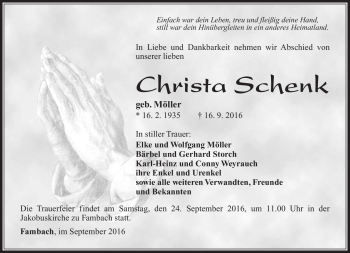 Traueranzeige von Christa Schenk von Südthüringer Presse
