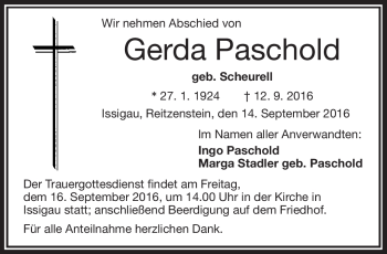 Traueranzeige von Gerda Paschold von Frankenpost