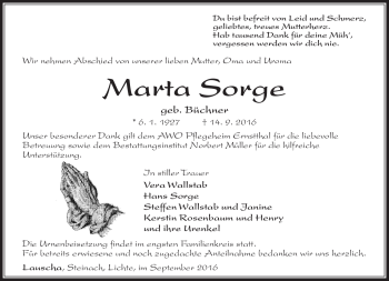 Traueranzeige von Marta Sorge von Südthüringer Presse