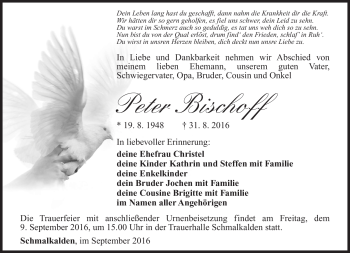 Traueranzeige von Peter Bischoff von Südthüringer Presse