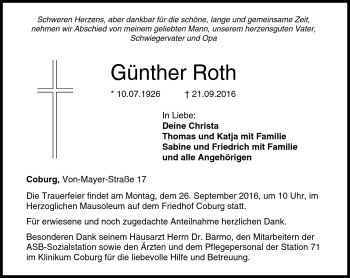 Traueranzeige von Günther Roth von Neue Presse Coburg
