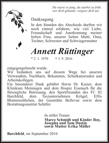 Traueranzeige von Annett Rüttinger von Südthüringer Presse