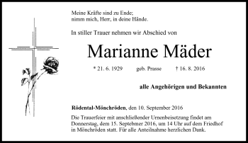 Traueranzeige von Marianne Mäder von Neue Presse Coburg