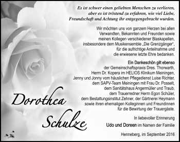 Traueranzeige von Dorothea Schulze von Südthüringer Presse