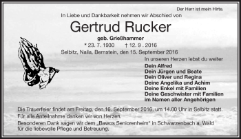 Traueranzeige von Gertrud Rucker von Frankenpost