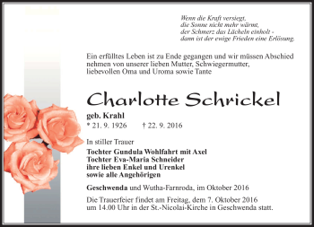 Traueranzeige von Charlotte Schrickel von Südthüringer Presse