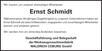 Traueranzeige von Ernst Schmidt von Neue Presse Coburg