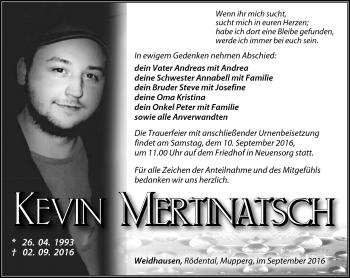Traueranzeige von Kevin Mertinatsch von Südthüringer Presse