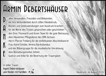 Traueranzeige von Armin Debertshäuser von Südthüringer Presse