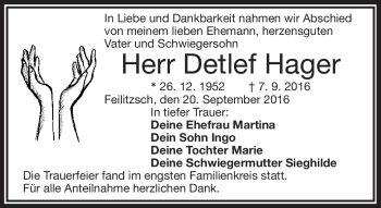 Traueranzeige von Detlef Hager von Frankenpost