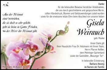 Traueranzeige von Gisela Weirauch von Südthüringer Presse