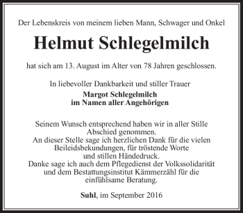 Traueranzeige von Helmut Schlegelmich von Südthüringer Presse