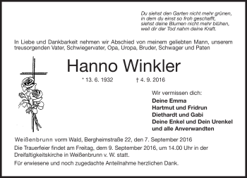 Traueranzeige von Hanno Winkler von Neue Presse Coburg