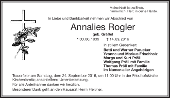 Traueranzeige von Annalies Rogler von Frankenpost