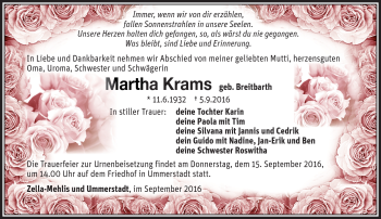 Traueranzeige von Martha Krams von Südthüringer Presse